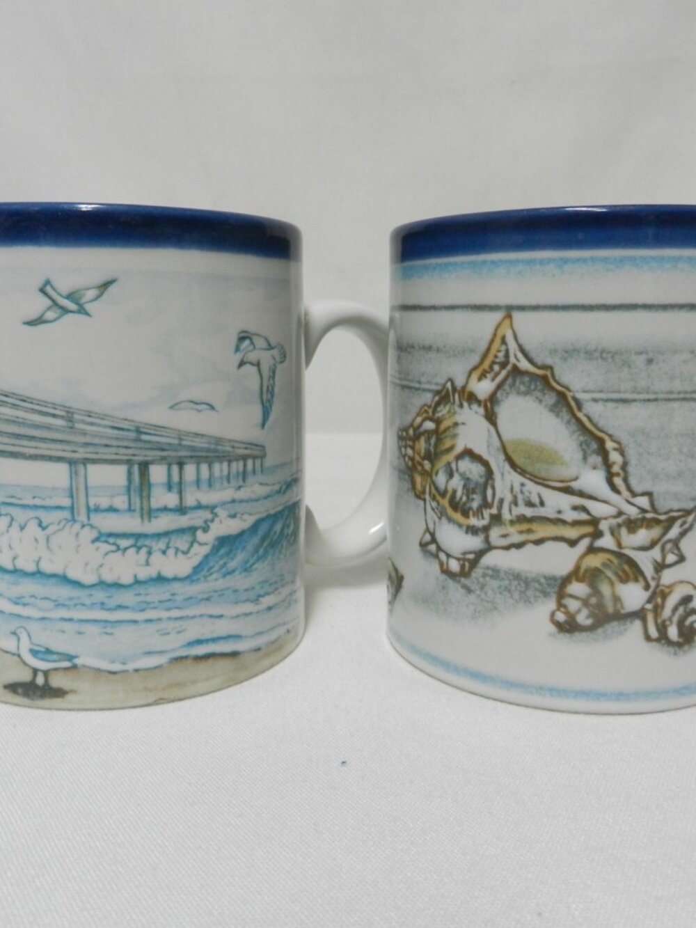 Otagiri Vintage Seagulls Pier Seashells Conch Nautical Mug Cup Set 2 Stoneware